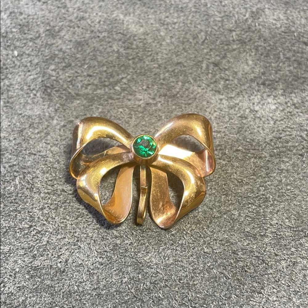 Vintage Gold Filled Bow Brooch with Green Stone
